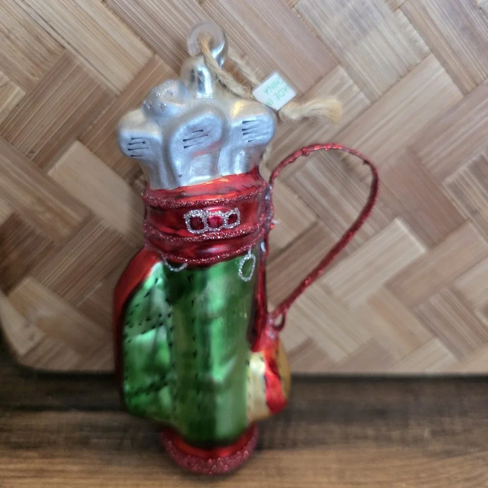 Golf Bag Clubs Christmas Ornament Blown Glass Holiday Decor Gift Glitter 5